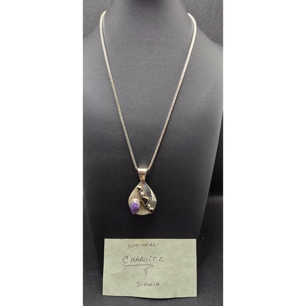Handmade Navajo Sterling Silver & Charolite Pendant Necklace By Denna Platero
